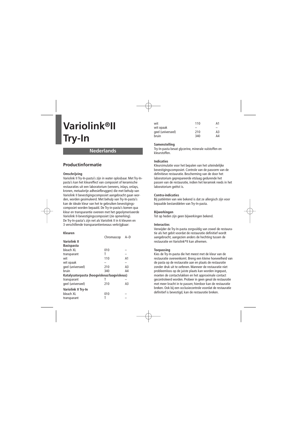 Nederlands, Variolink, Ii try-in | Ivoclar Vivadent Variolink II Try-In User Manual | Page 15 / 20