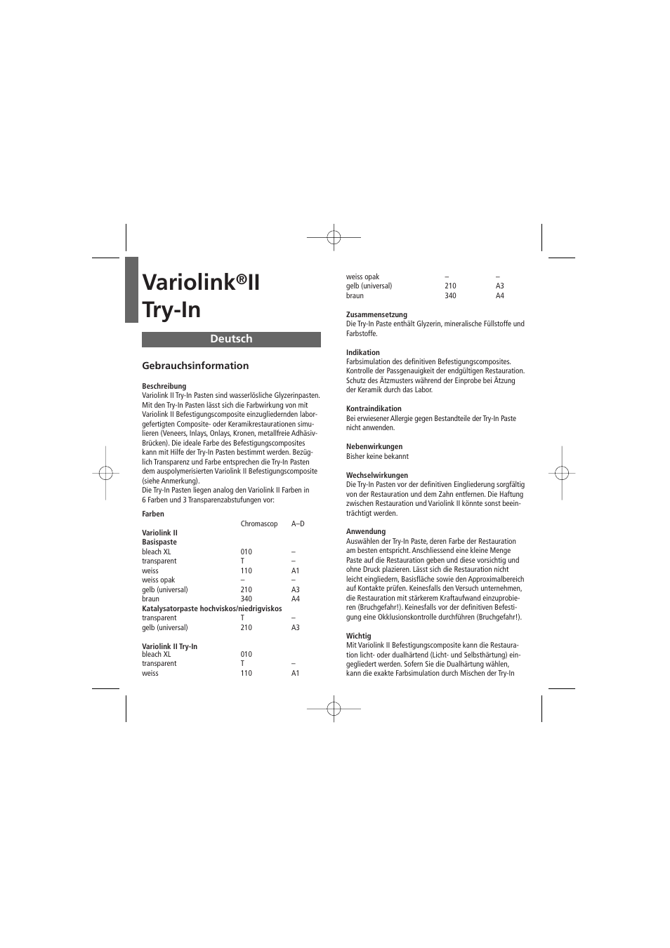 Deutsch, Variolink, Ii try-in | Ivoclar Vivadent Variolink II Try-In User Manual | Page 3 / 20