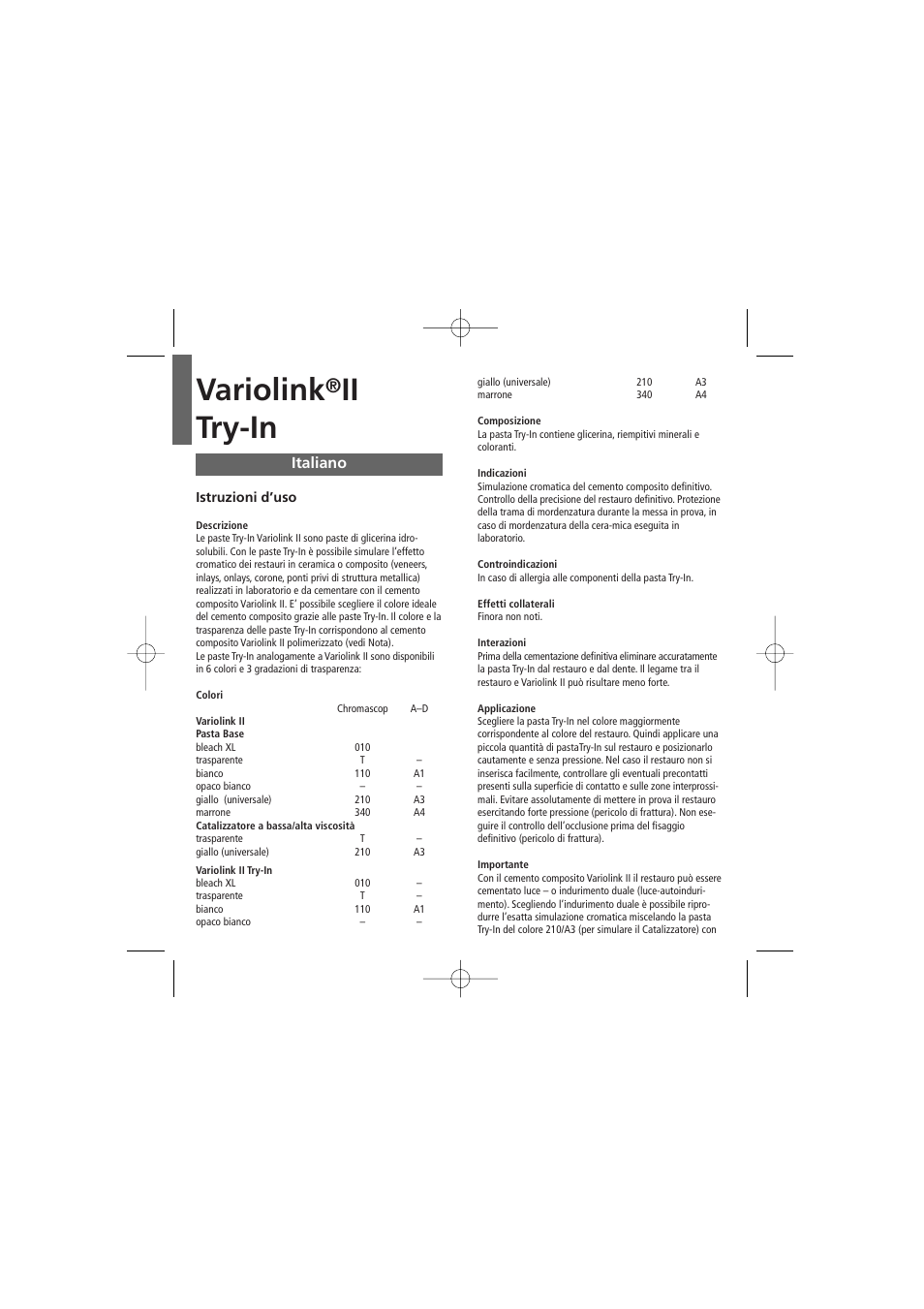 Italiano, Variolink, Ii try-in | Ivoclar Vivadent Variolink II Try-In User Manual | Page 6 / 20