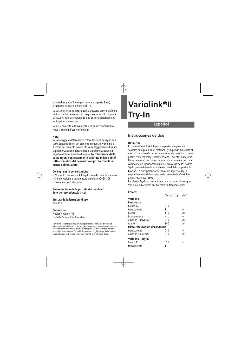 Español, Variolink, Ii try-in | Ivoclar Vivadent Variolink II Try-In User Manual | Page 7 / 20