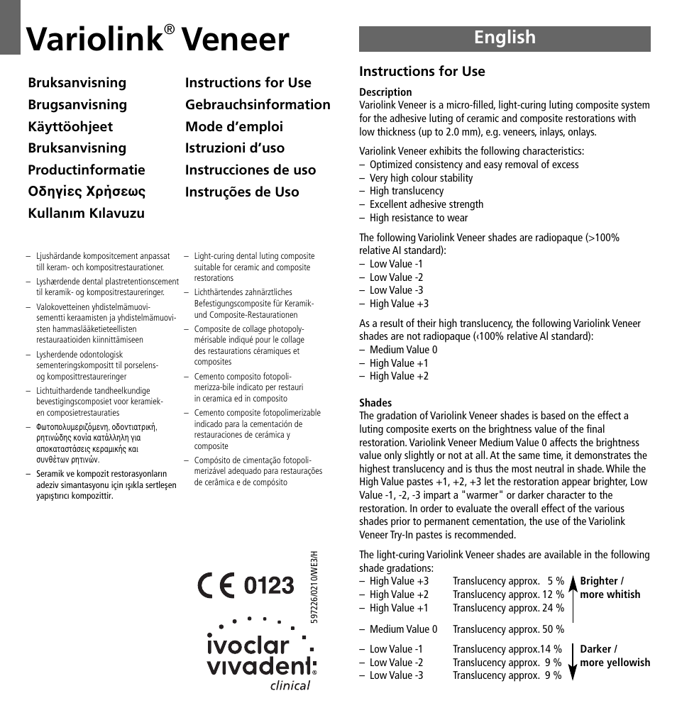 Ivoclar Vivadent Variolink Veneer User Manual | 42 pages