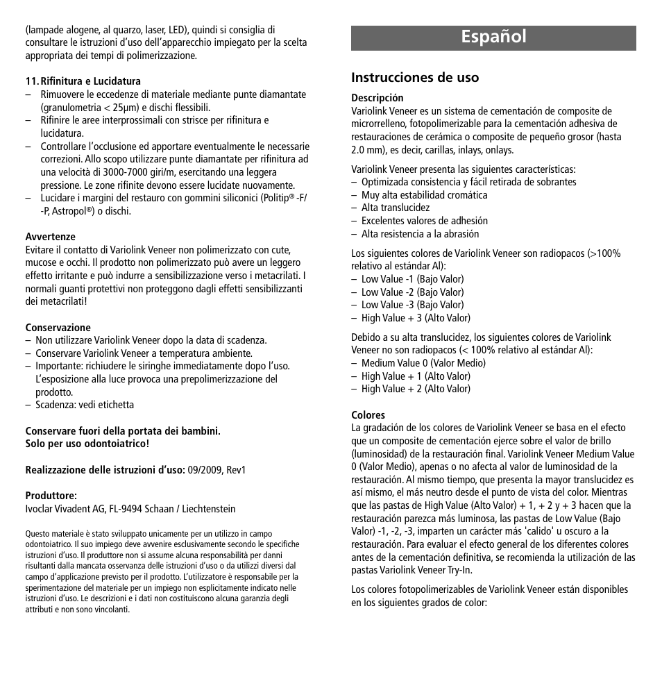 Español, Instrucciones de uso | Ivoclar Vivadent Variolink Veneer User Manual | Page 13 / 42