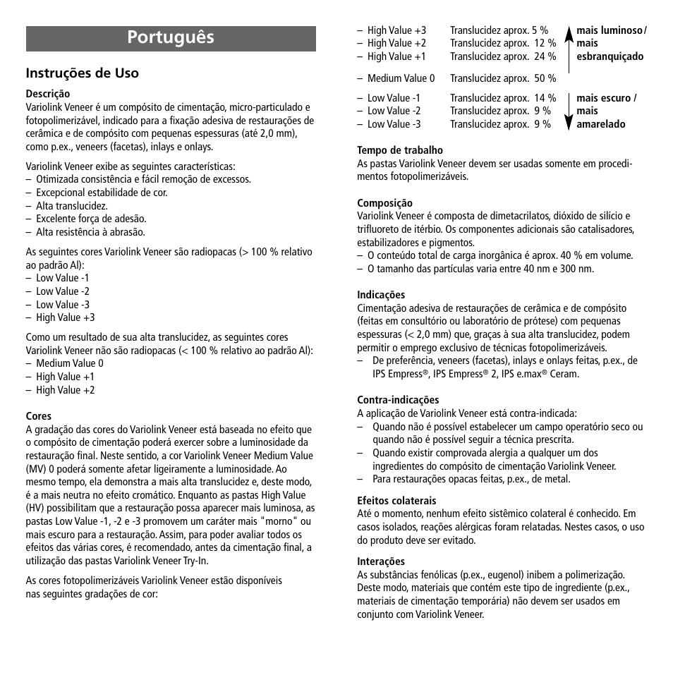 Português, Instruções de uso | Ivoclar Vivadent Variolink Veneer User Manual | Page 17 / 42