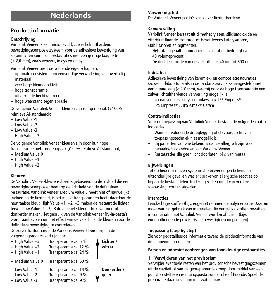 Nederlands, Productinformatie | Ivoclar Vivadent Variolink Veneer User Manual | Page 32 / 42