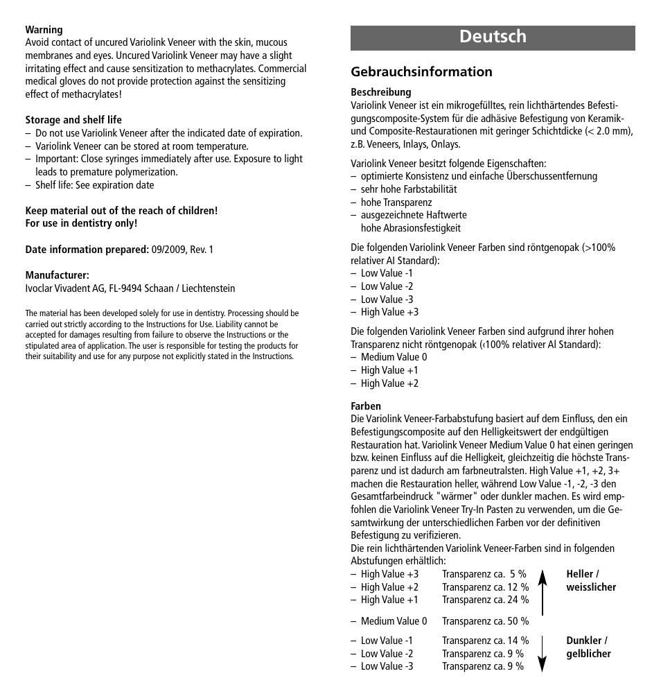 Deutsch, Gebrauchsinformation | Ivoclar Vivadent Variolink Veneer User Manual | Page 4 / 42