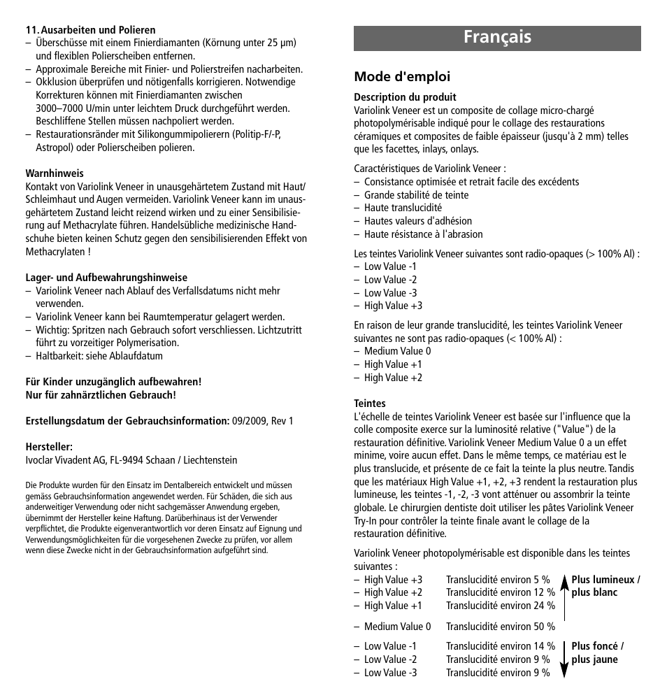 Français, Mode d'emploi | Ivoclar Vivadent Variolink Veneer User Manual | Page 7 / 42