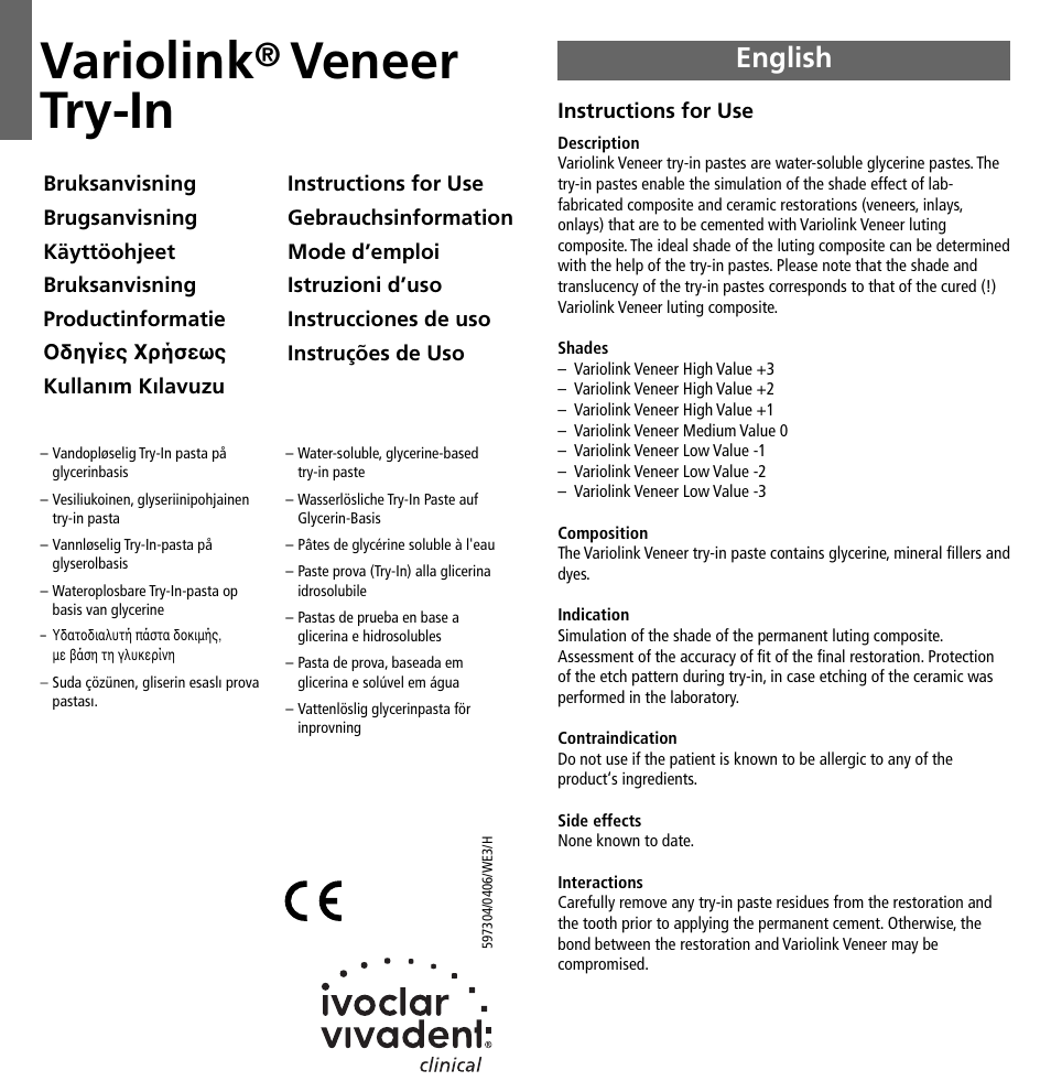 Ivoclar Vivadent Variolink Veneer Try-In User Manual | 16 pages