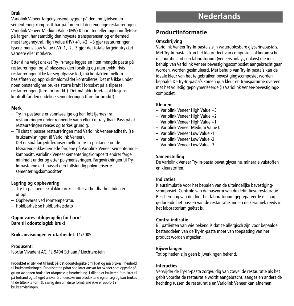 Nederlands, Productinformatie | Ivoclar Vivadent Variolink Veneer Try-In User Manual | Page 11 / 16