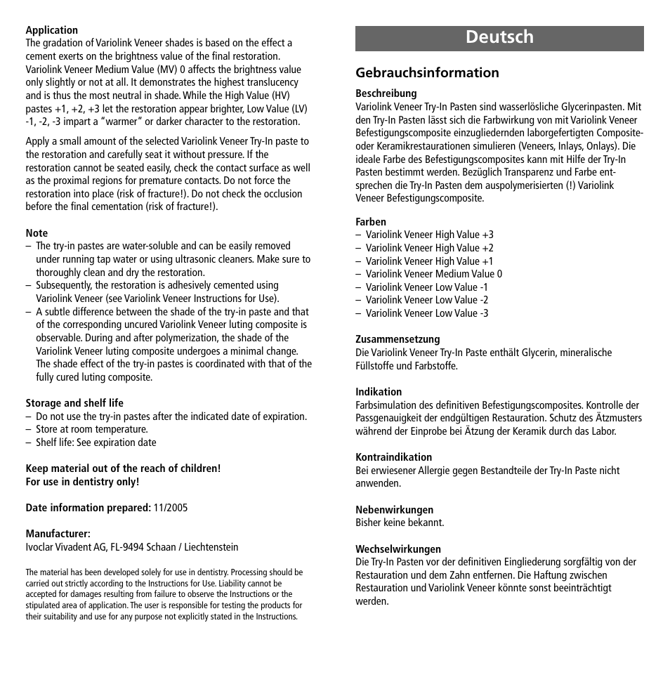 Deutsch, Gebrauchsinformation | Ivoclar Vivadent Variolink Veneer Try-In User Manual | Page 2 / 16