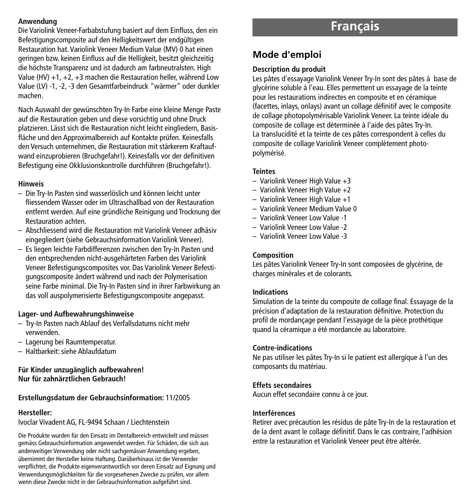 Français, Mode d'emploi | Ivoclar Vivadent Variolink Veneer Try-In User Manual | Page 3 / 16
