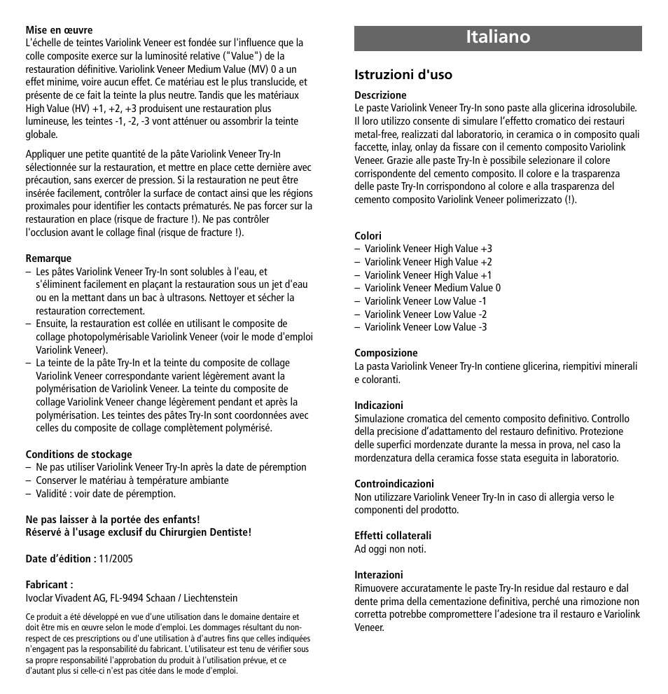 Italiano, Istruzioni d'uso | Ivoclar Vivadent Variolink Veneer Try-In User Manual | Page 4 / 16