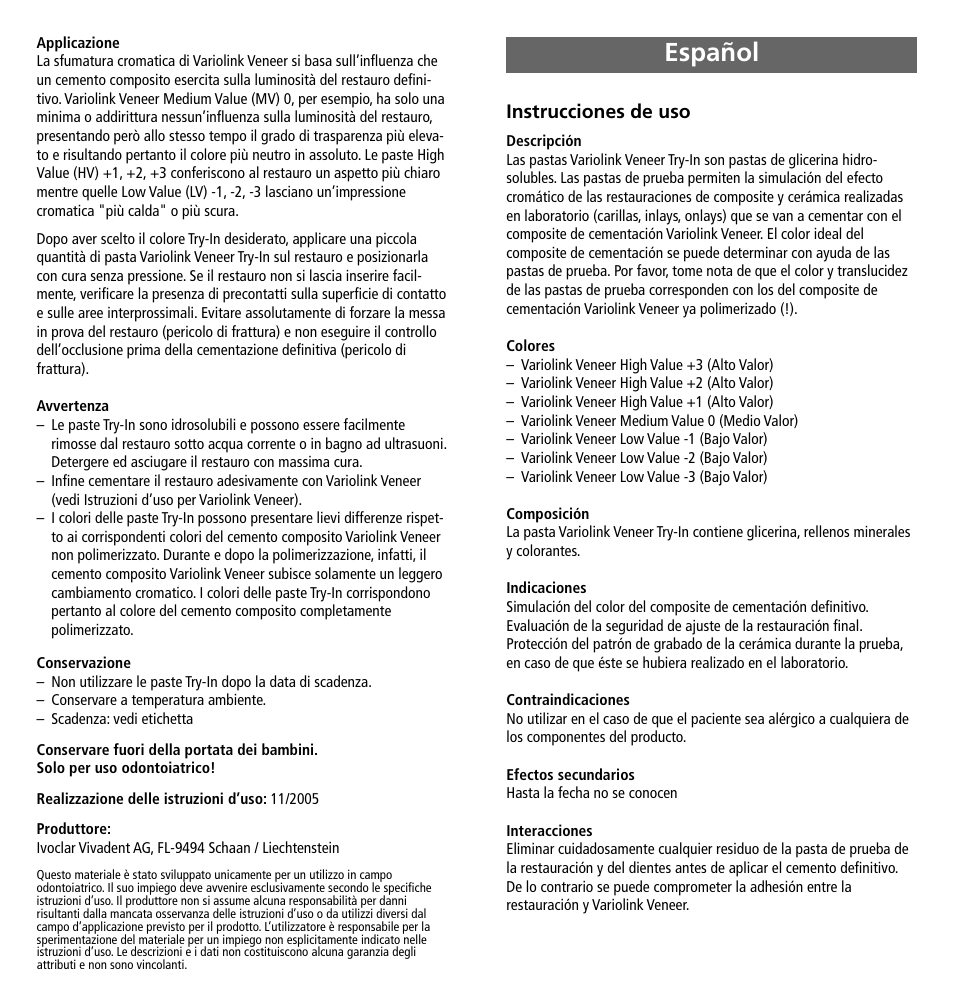 Español, Instrucciones de uso | Ivoclar Vivadent Variolink Veneer Try-In User Manual | Page 5 / 16