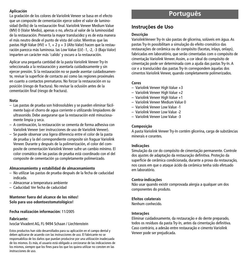 Português, Instruções de uso | Ivoclar Vivadent Variolink Veneer Try-In User Manual | Page 6 / 16