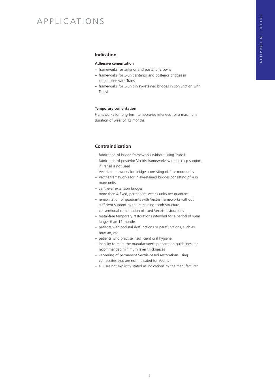 Indication, Contraindication | Ivoclar Vivadent Vectris User Manual | Page 9 / 60