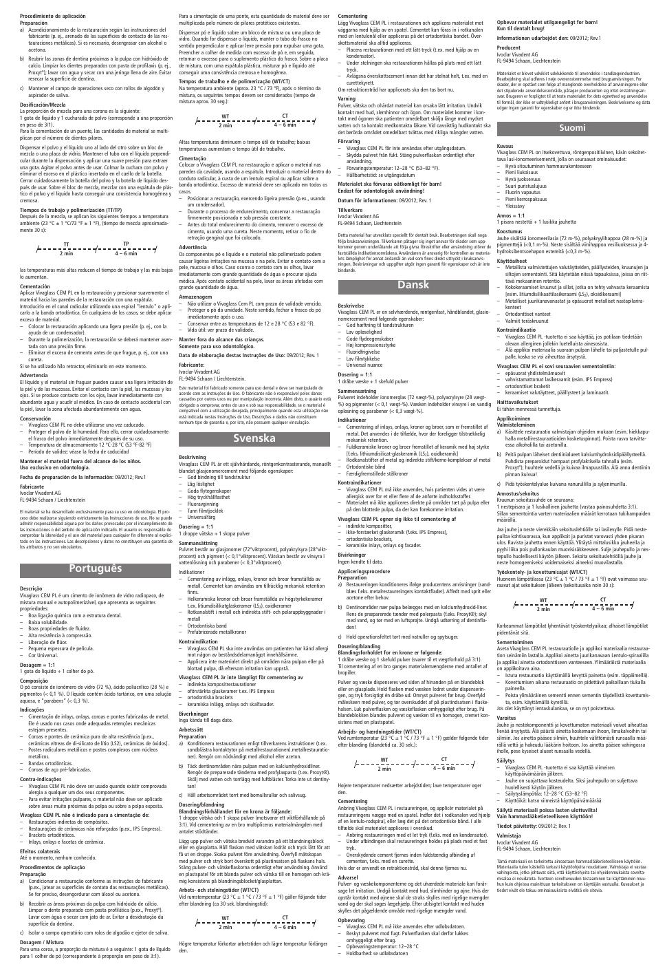 Svenska dansk, Português, Suomi | Ivoclar Vivadent Vivaglass CEM PL User Manual | Page 2 / 4