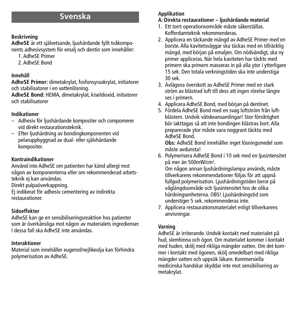 Svenska | Ivoclar Vivadent AdheSE User Manual | Page 10 / 23