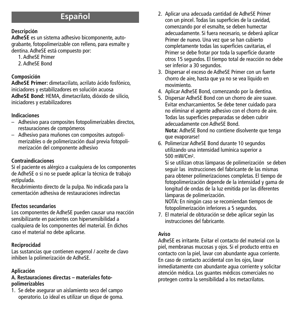 Español | Ivoclar Vivadent AdheSE User Manual | Page 7 / 23