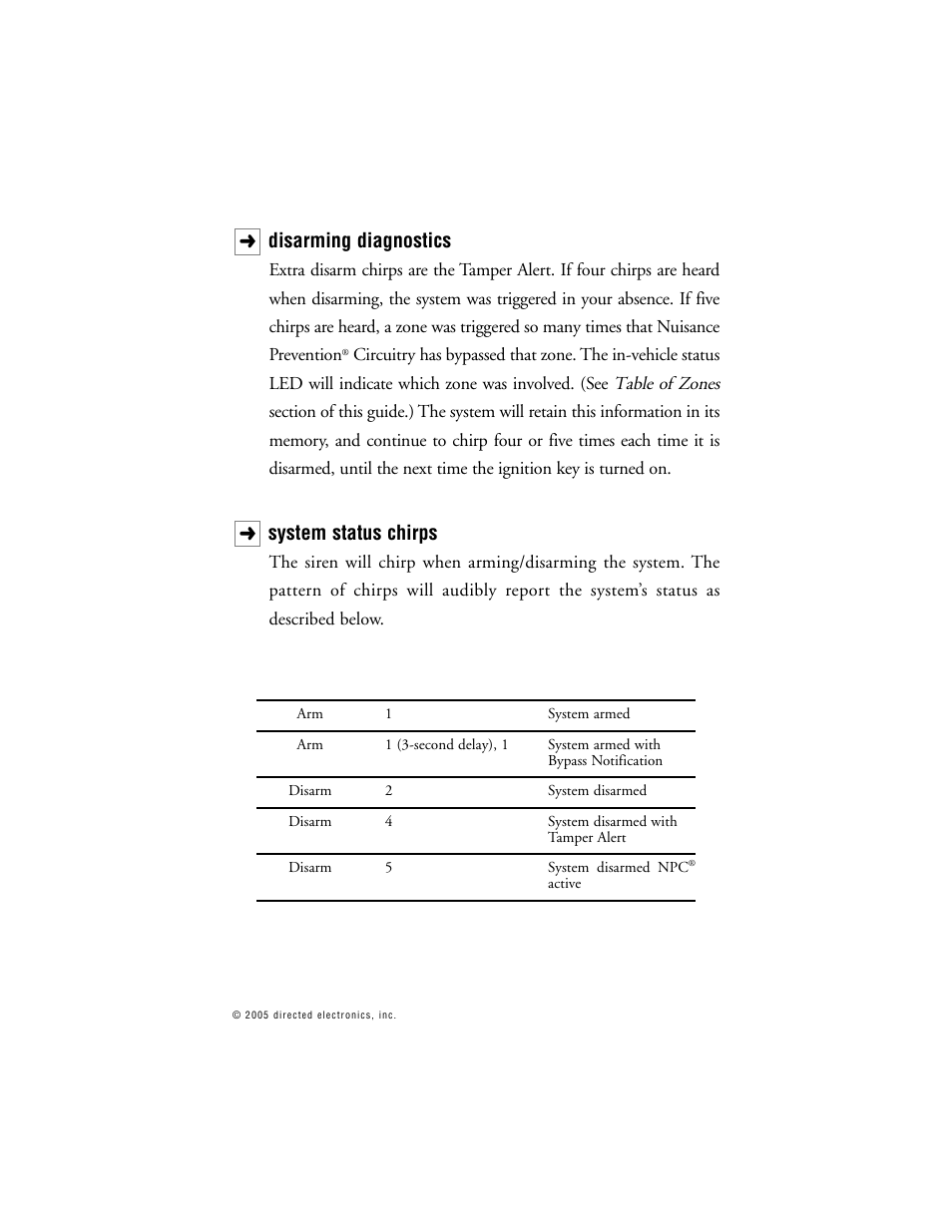 Disarming diagnostics, System status chirps | CLIFFORD 10.5X User Manual | Page 40 / 61