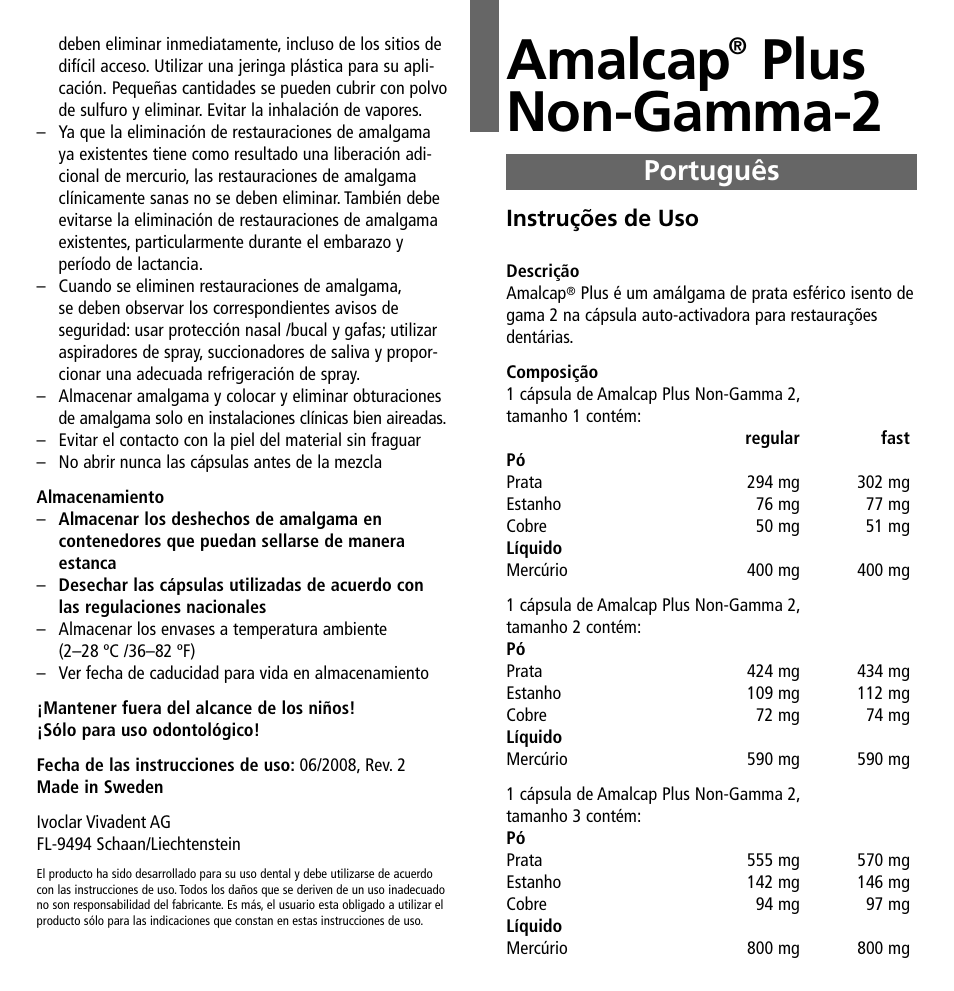 Português, Amalcap, Plus non-gamma-2 | Ivoclar Vivadent Amalcap Plus User Manual | Page 11 / 28
