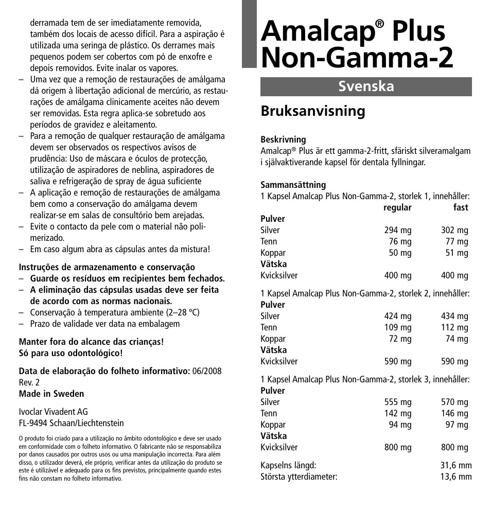 Svenska, Amalcap, Plus non-gamma-2 | Bruksanvisning | Ivoclar Vivadent Amalcap Plus User Manual | Page 13 / 28