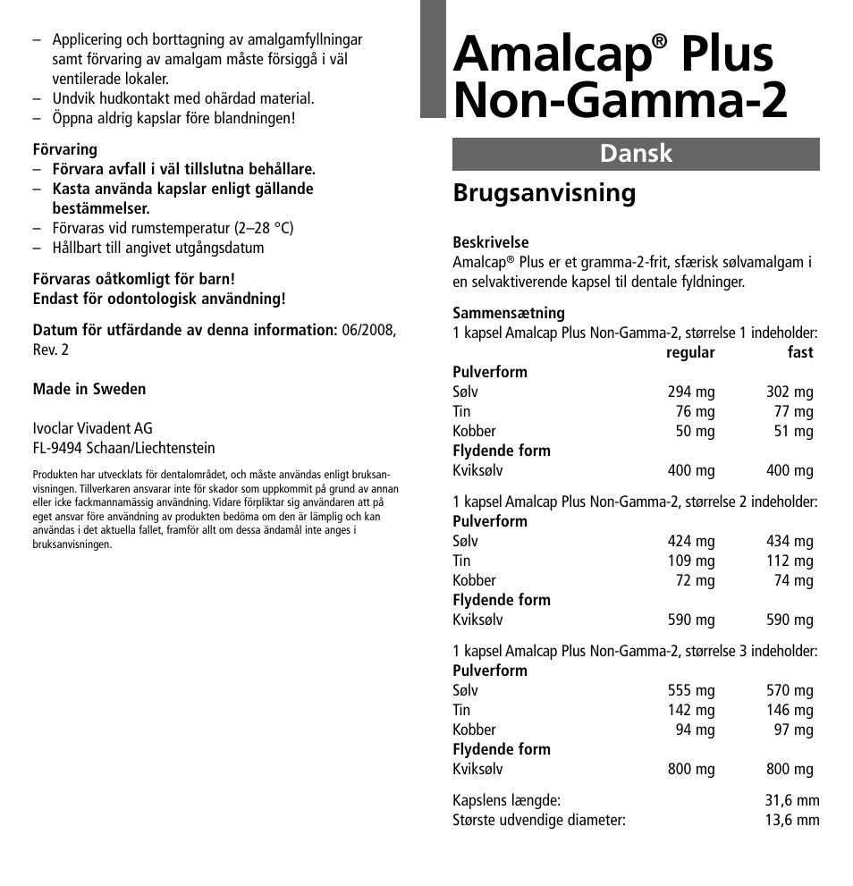 Dansk, Amalcap, Plus non-gamma-2 | Brugsanvisning | Ivoclar Vivadent Amalcap Plus User Manual | Page 15 / 28