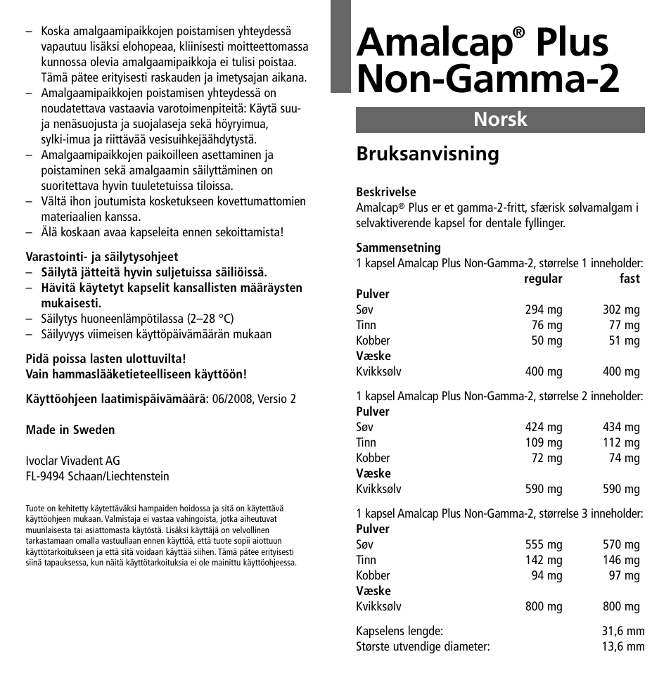Norsk, Amalcap, Plus non-gamma-2 | Bruksanvisning | Ivoclar Vivadent Amalcap Plus User Manual | Page 19 / 28