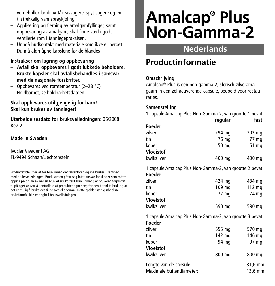 Nederlands, Amalcap, Plus non-gamma-2 | Productinformatie | Ivoclar Vivadent Amalcap Plus User Manual | Page 21 / 28