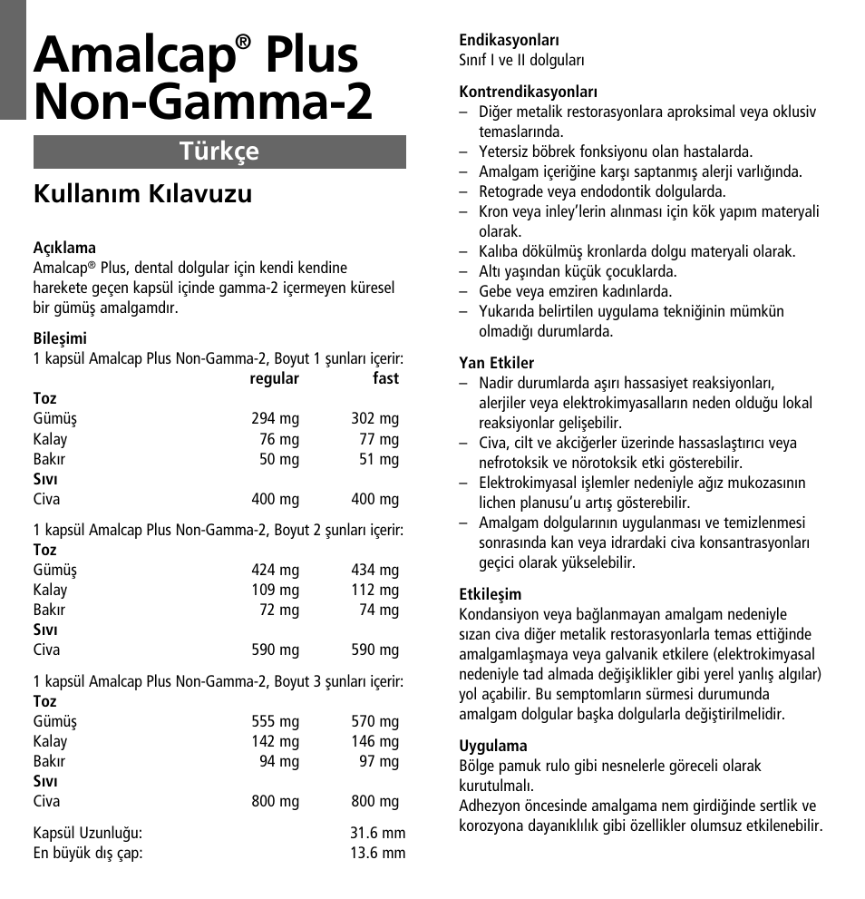 Türkçe, Amalcap, Plus non-gamma-2 | Kullan›m k›lavuzu | Ivoclar Vivadent Amalcap Plus User Manual | Page 26 / 28