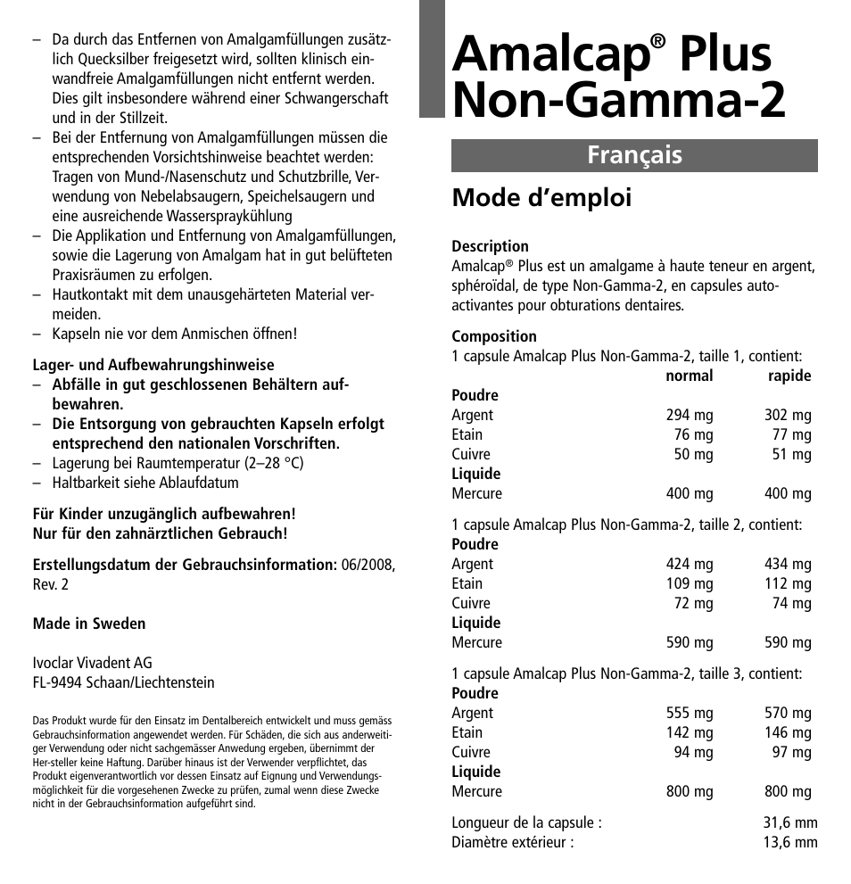 Français, Amalcap, Plus non-gamma-2 | Mode d’emploi | Ivoclar Vivadent Amalcap Plus User Manual | Page 5 / 28