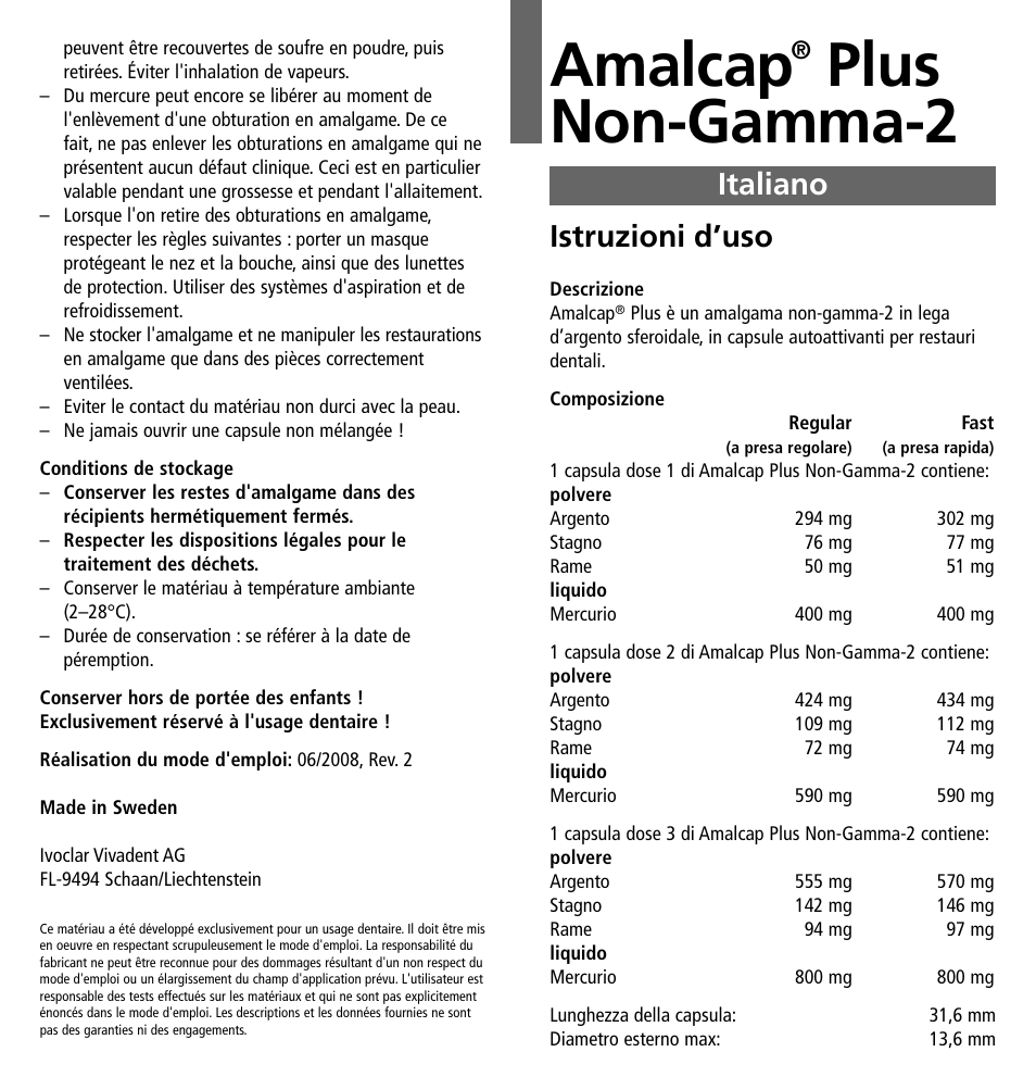 Italiano, Amalcap, Plus non-gamma-2 | Istruzioni d’uso | Ivoclar Vivadent Amalcap Plus User Manual | Page 7 / 28
