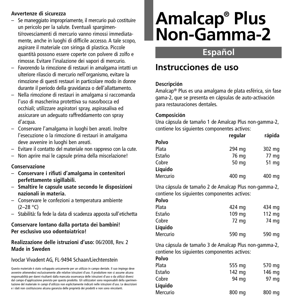 Español, Amalcap, Plus non-gamma-2 | Instrucciones de uso | Ivoclar Vivadent Amalcap Plus User Manual | Page 9 / 28