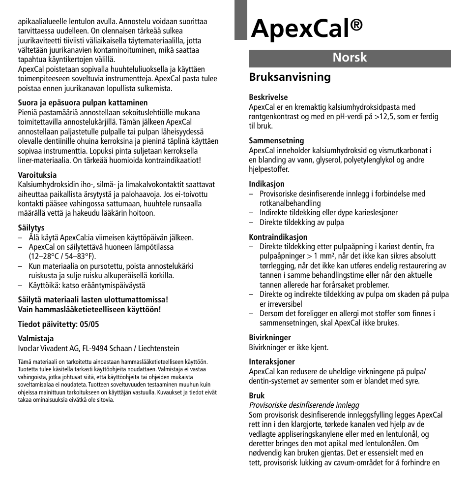 Norsk, Apexcal, Bruksanvisning | Ivoclar Vivadent ApexCal User Manual | Page 10 / 15