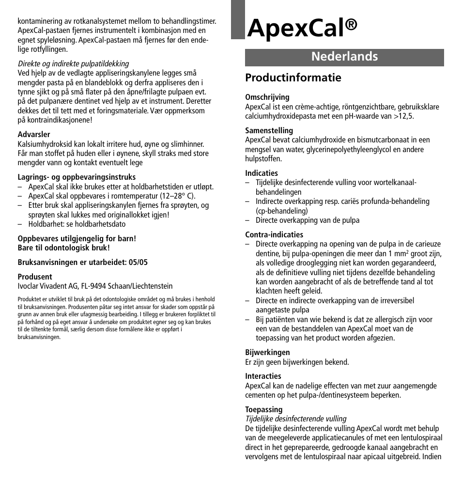 Nederlands, Apexcal, Productinformatie | Ivoclar Vivadent ApexCal User Manual | Page 11 / 15