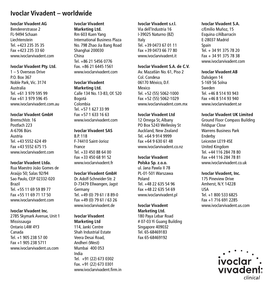 Ivoclar vivadent – worldwide | Ivoclar Vivadent ApexCal User Manual | Page 15 / 15