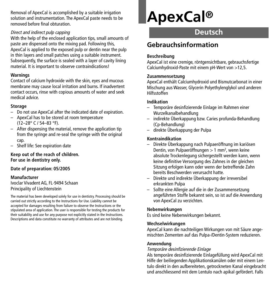 Deutsch, Apexcal, Gebrauchsinformation | Ivoclar Vivadent ApexCal User Manual | Page 2 / 15