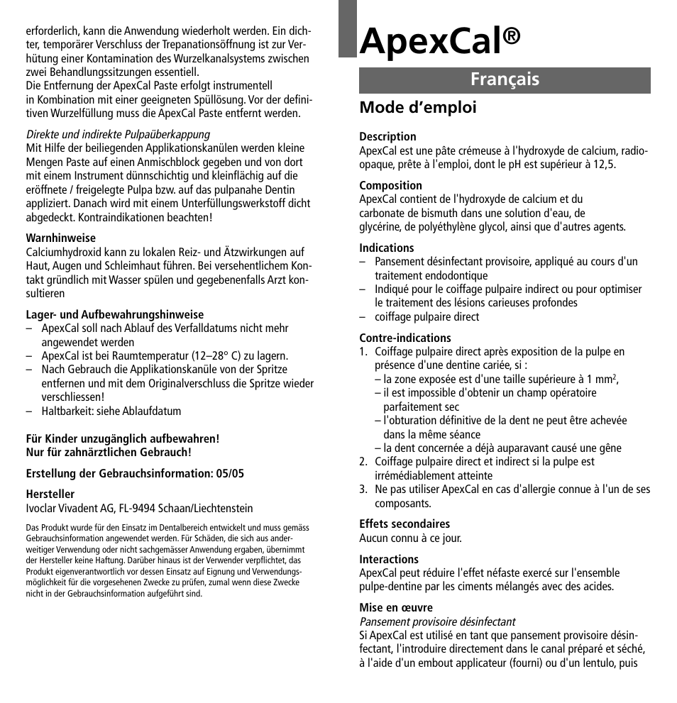 Français, Apexcal, Mode d’emploi | Ivoclar Vivadent ApexCal User Manual | Page 3 / 15