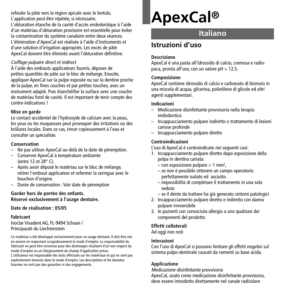 Italiano, Apexcal, Istruzioni d’uso | Ivoclar Vivadent ApexCal User Manual | Page 4 / 15