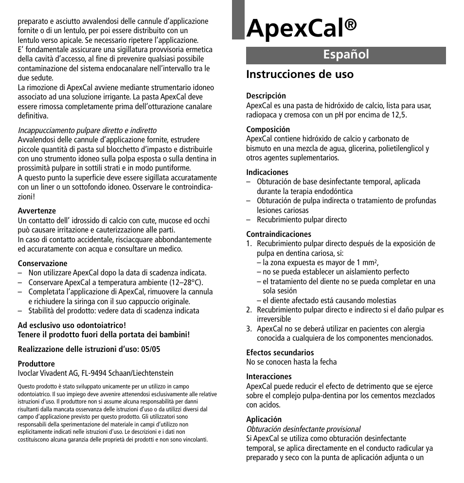 Español, Apexcal, Instrucciones de uso | Ivoclar Vivadent ApexCal User Manual | Page 5 / 15