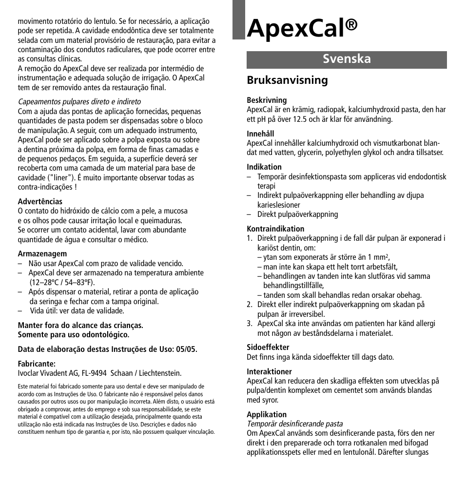 Svenska, Apexcal, Bruksanvisning | Ivoclar Vivadent ApexCal User Manual | Page 7 / 15