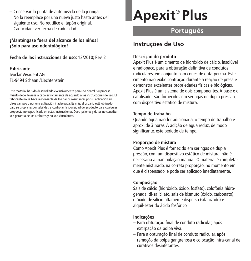 Português, Apexit, Plus | Ivoclar Vivadent Apexit Plus User Manual | Page 11 / 29