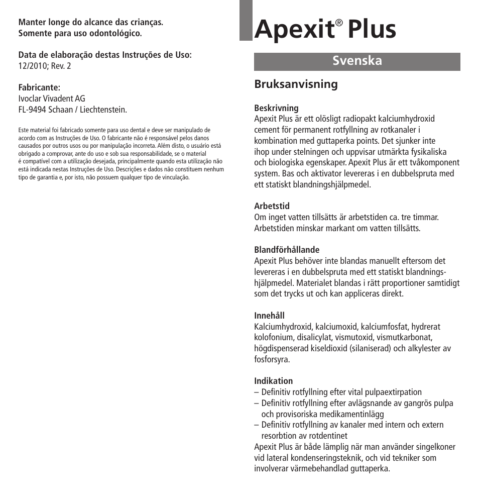 Svenska, Apexit, Plus | Ivoclar Vivadent Apexit Plus User Manual | Page 13 / 29