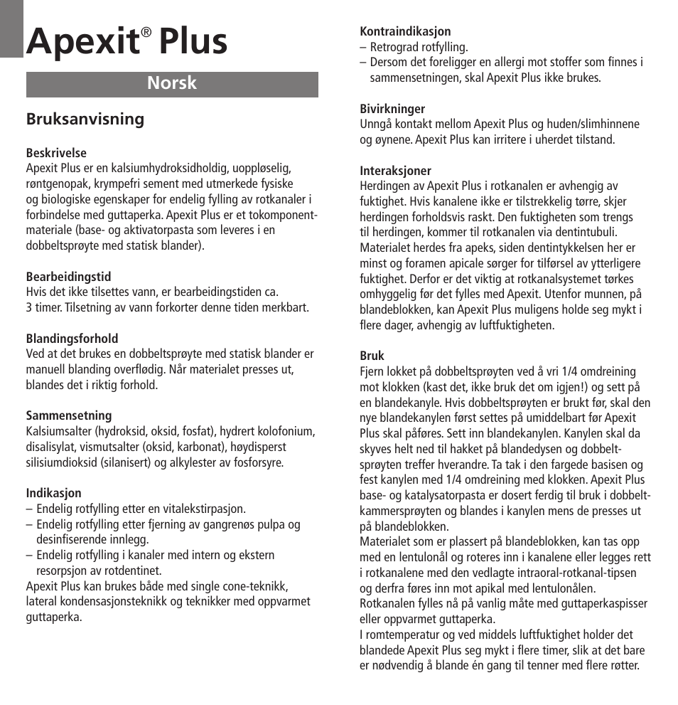 Norsk, Apexit, Plus | Ivoclar Vivadent Apexit Plus User Manual | Page 18 / 29