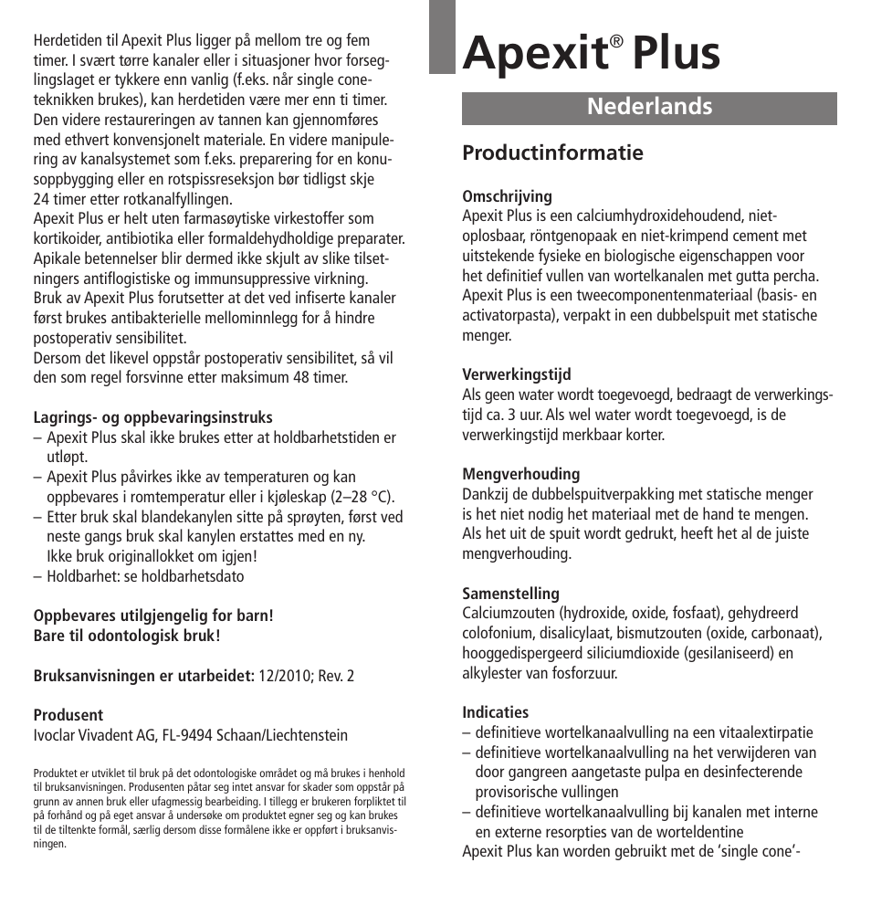 Nederlands, Apexit, Plus | Ivoclar Vivadent Apexit Plus User Manual | Page 19 / 29