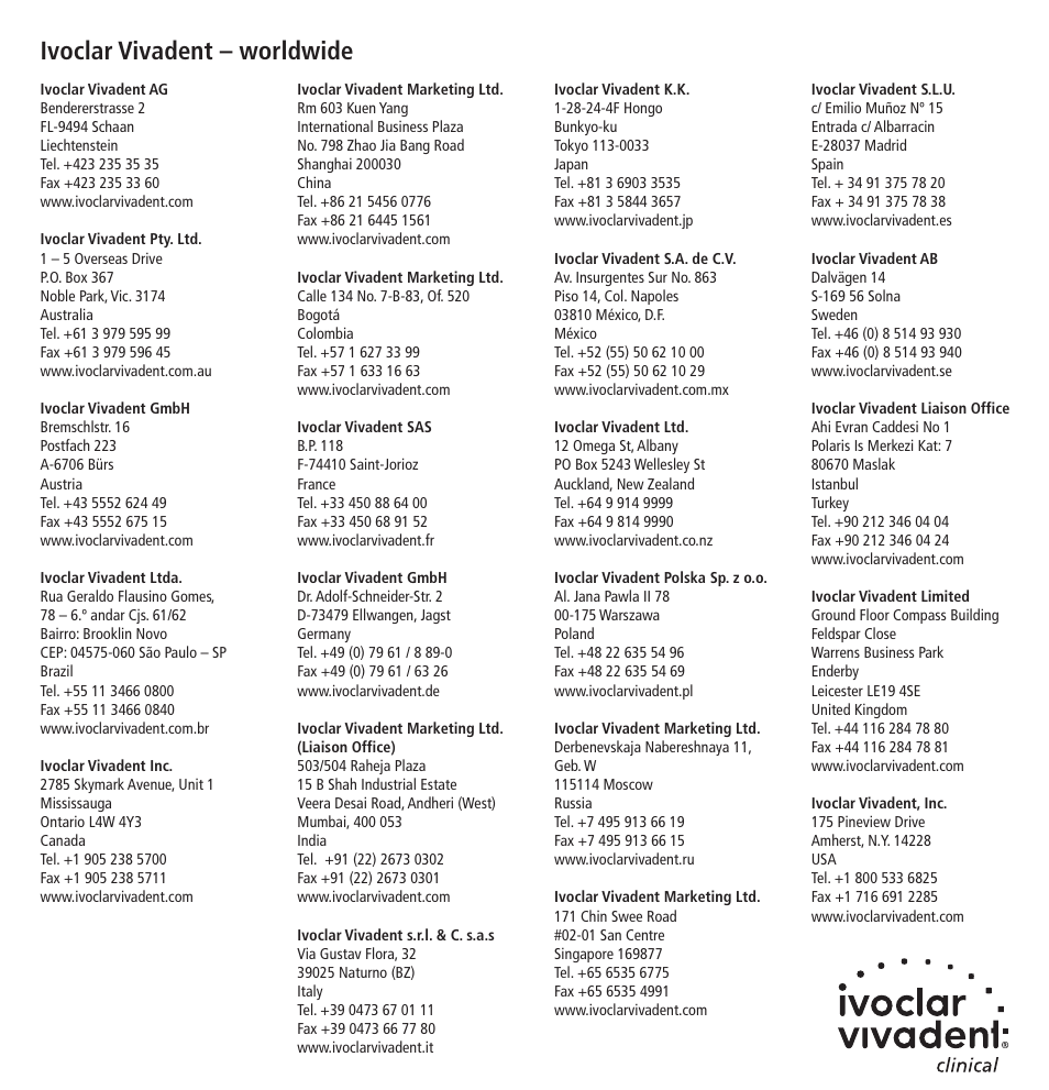 Ivoclar vivadent – worldwide | Ivoclar Vivadent Apexit Plus User Manual | Page 29 / 29