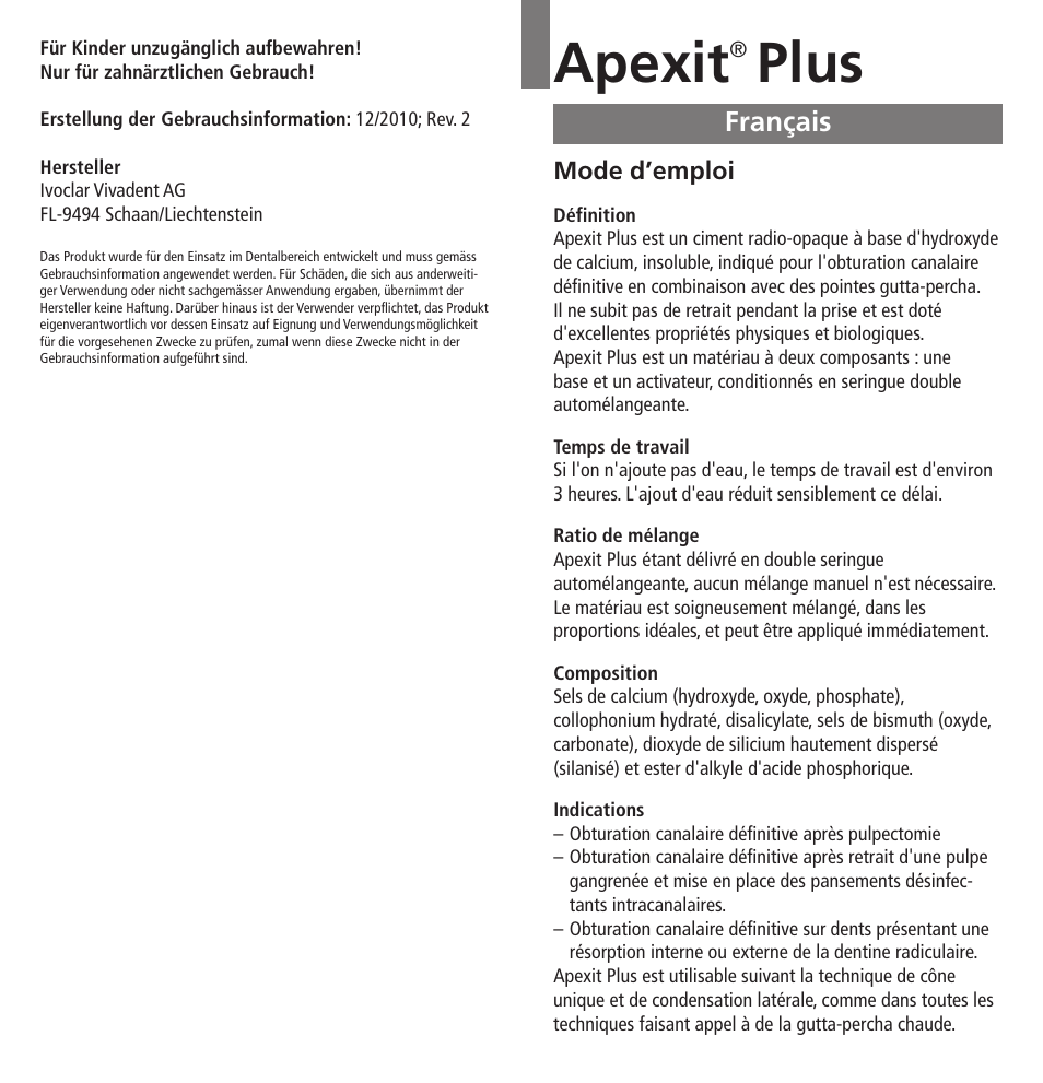 Français, Apexit, Plus | Ivoclar Vivadent Apexit Plus User Manual | Page 5 / 29