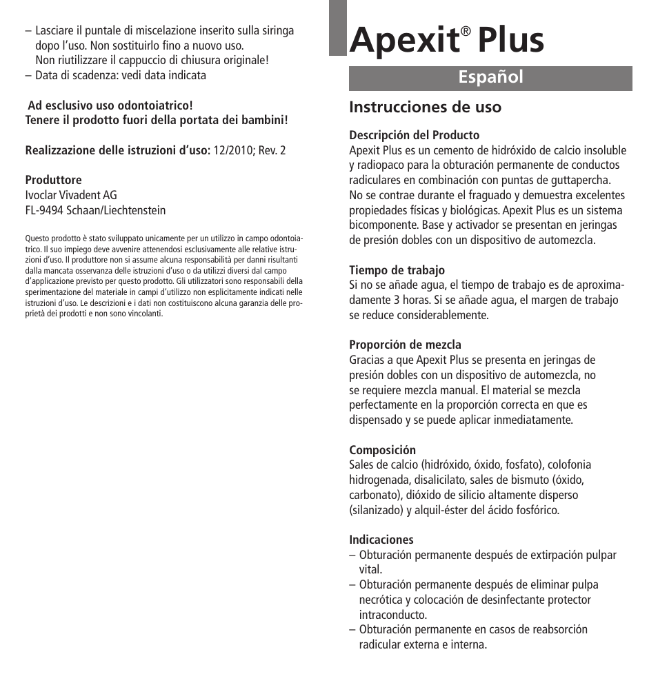 Español, Apexit, Plus | Ivoclar Vivadent Apexit Plus User Manual | Page 9 / 29