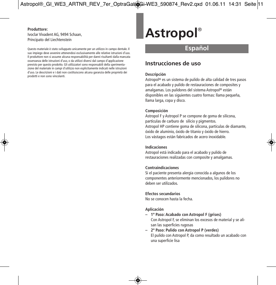 Español, Astropol, Instrucciones de uso | Ivoclar Vivadent Astropol User Manual | Page 11 / 37