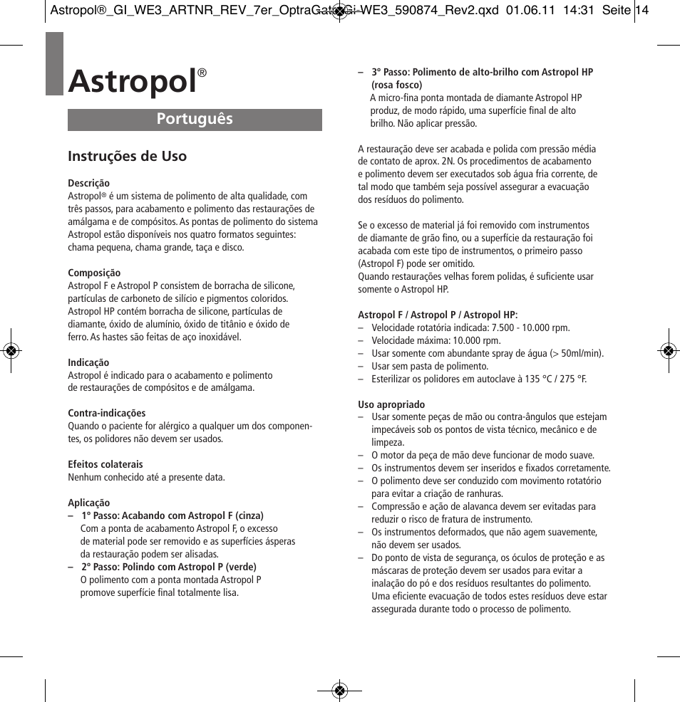 Português, Astropol, Instruções de uso | Ivoclar Vivadent Astropol User Manual | Page 14 / 37