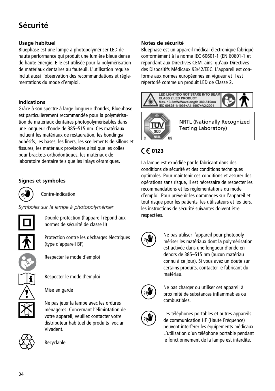 Sécurité | Ivoclar Vivadent Bluephase User Manual | Page 34 / 88
