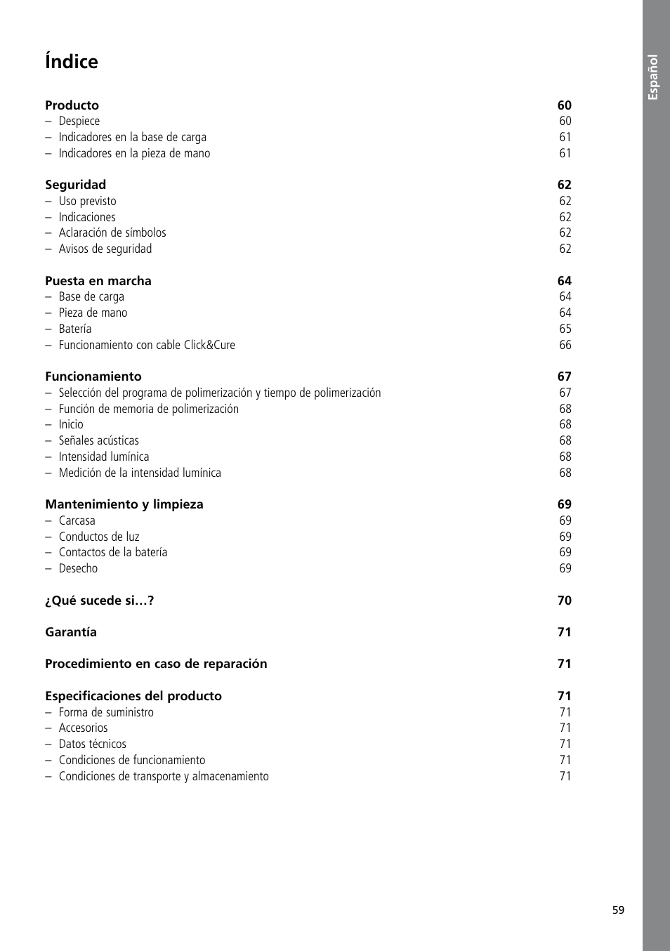 Español, Índice | Ivoclar Vivadent Bluephase User Manual | Page 59 / 88